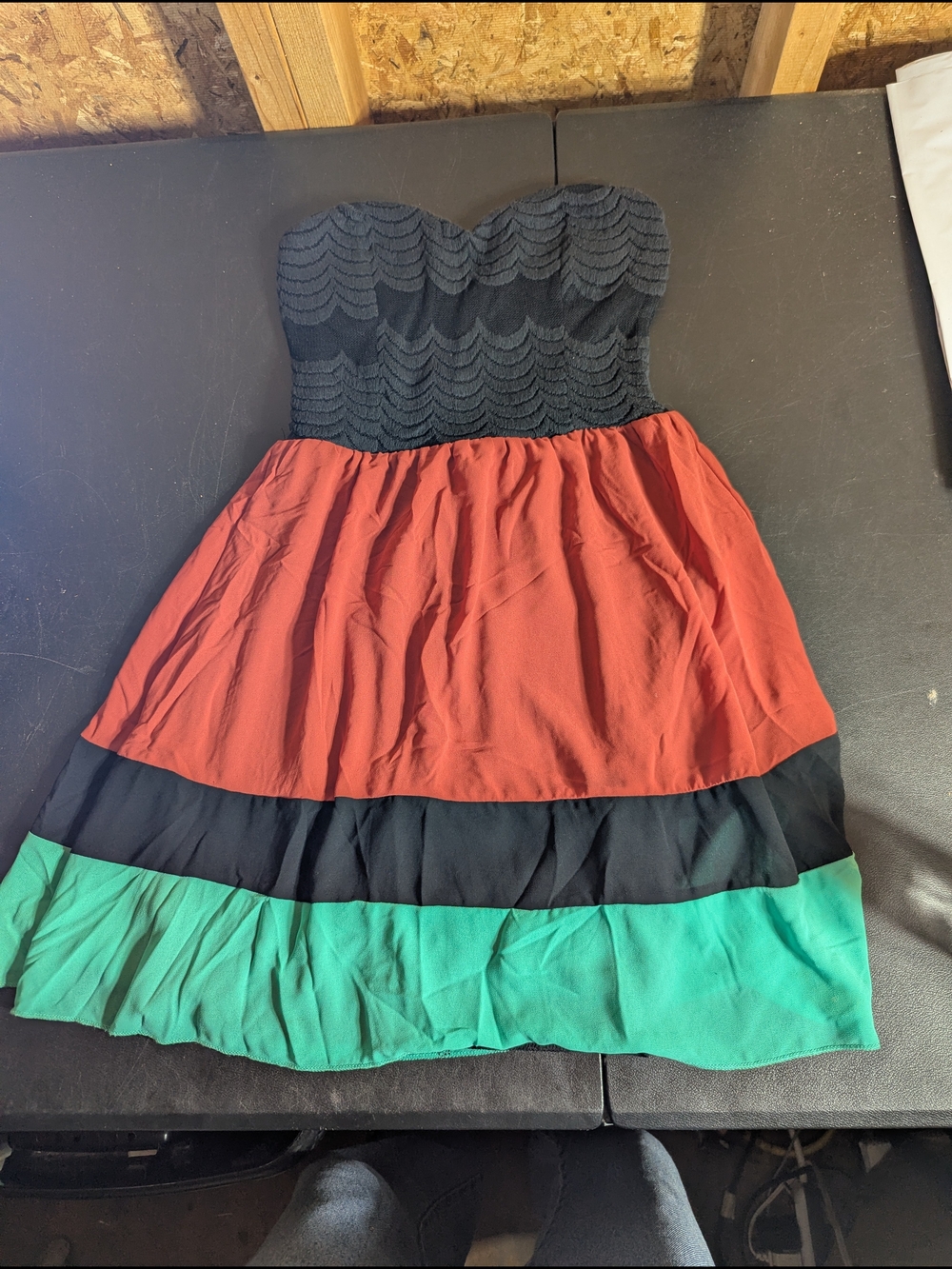 Style Rack Strapless Colorblock Dress in Black, Rust & Teal